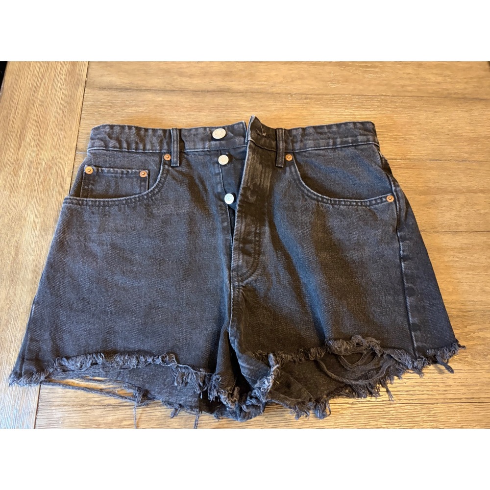 Zara Denim Shorts Women Size 8 Black High Waisted Distressed Button Fly Raw Hem